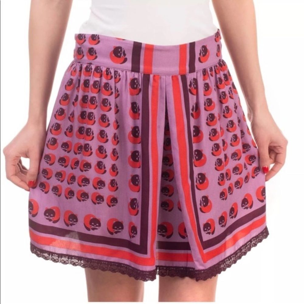 Anna Sui Pleated Purple/Red Print Lace‎ Trim Mini Skirt Sz 8